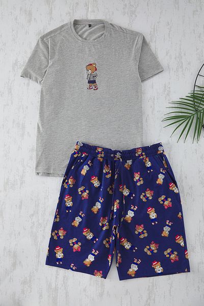 Trendyol Collection Grau meliertes, marineblaues Pyjama-Set mit normaler Passform und Teddybär-Aufdruck und Shorts TMNSS25PT00055
