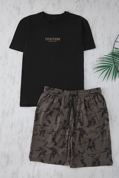 Trendyol Collection Černá sada pleteného pyžama Regular Fit s potiskem a šortkami Tmnss25Pt00020