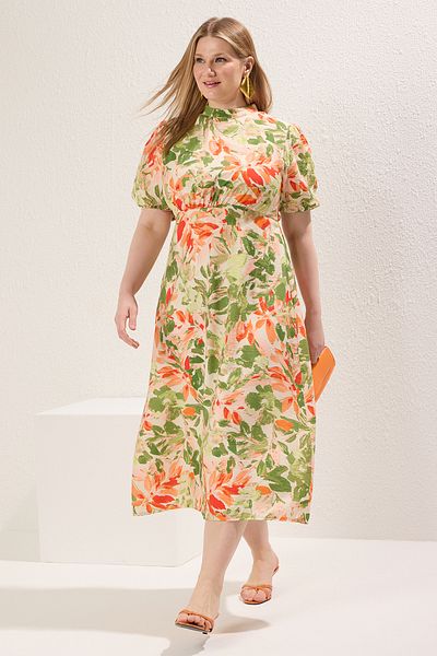 Trendyol Curve Balloon Sleeves Midi Lilies Dress - Stand Collar, Multicolor, Plus Size Tbbss25Ah00159