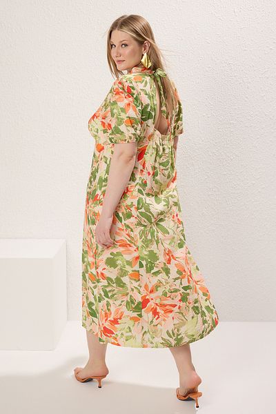 Trendyol Curve Balloon Sleeves Midi Lilies Dress - Stand Collar, Multicolor, Plus Size Tbbss25Ah00159