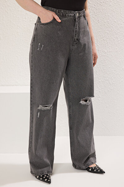 Trendyol Curve Γκρι Φάρδυνση Παντελόνι Τζιν - Ψηλή Μέση Κατεστραμμένο Μεγάλο Μέγεθος TBBSS22JE00006