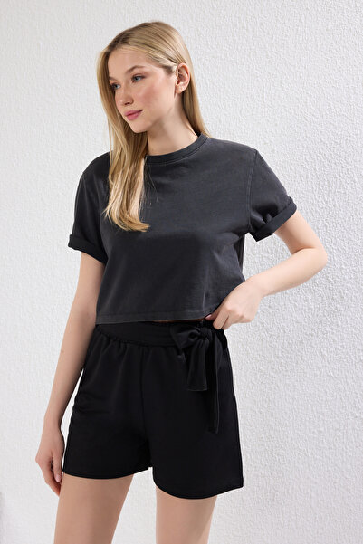 Trendyol Collection Black Lacing Belt Detailed Knitted Shorts Twoss25Sr00053