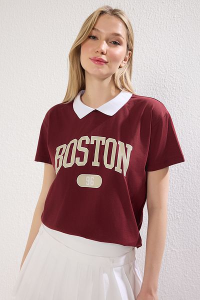 Trendyol Collection Pohodlné tričko s polo výstřihem City Print – hnědé, 100% bavlna Twoss21Ts3424