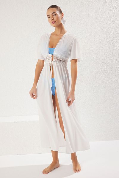 Trendyol Collection Kimono și caftan din dantelă albă mărime maxi - TBESS25KM00025