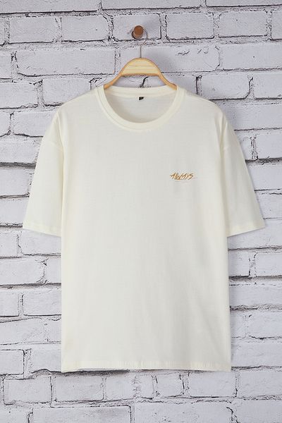 Trendyol Collection Βαμβακερό μπλουζάκι με κέντημα εκρού Oversize Crew Neck - TMNSS25TS00169