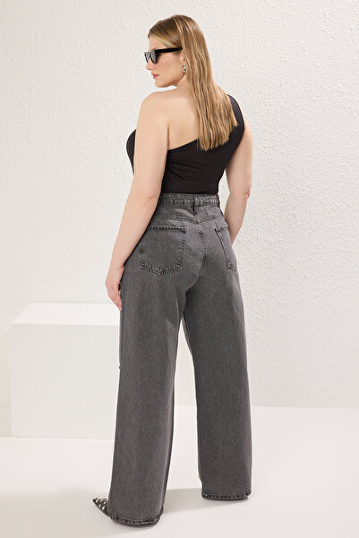 Trendyol Curve Γκρι Φάρδυνση Παντελόνι Τζιν - Ψηλή Μέση Κατεστραμμένο Μεγάλο Μέγεθος TBBSS22JE00006