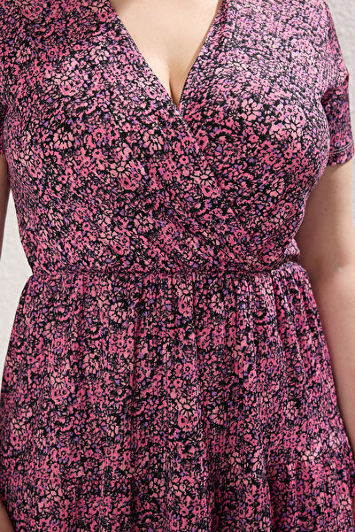 Trendyol Curve Pink V-Neck Floral Print Stakter Knitted Plus Size Dress Tbbss22El1638