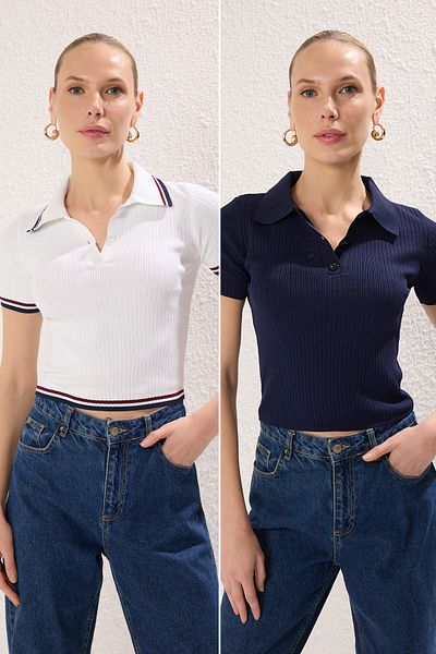 Trendyol Collection Námořnická modrá-Ecru Basic Polo Knitwear Tenká halenka Double Pack