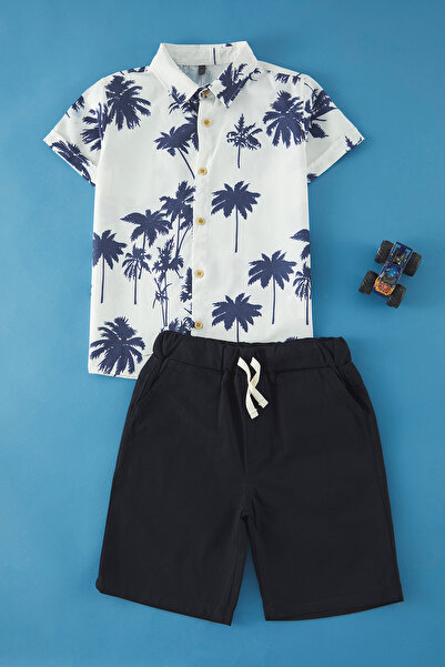 TRENDYOLKIDS Navy Blue Male Child Cotton Printed Woven Shirt Shorts Bottom-Top Suit Tkdss25Au00054
