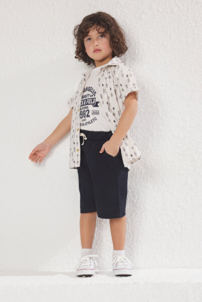 TRENDYOLKIDS Ecru Boy's Cotton Slogan Printed Knitted 3-Piece T-Shirt Shorts Shirt Bottom-Top Suit Tkdss25Au00034