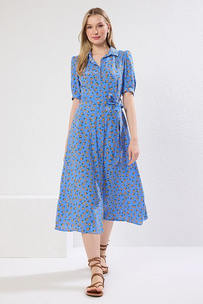 Trendyol Collection Rochie cămașă din viscoză țesută midi cu curea cu model floral albastru TWOSS20EL1559
