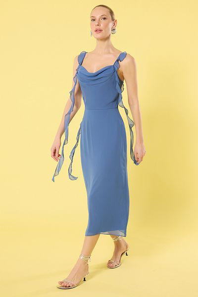 Trendyol Collection Rochie albastră, uni, cu volane, țesută Midi TWOSS25EL00277
