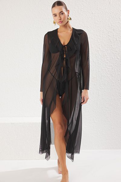 Trendyol Collection Μαύρο Maxi Ruffle Woven Φόρεμα παραλίας TBESS25EL00028
