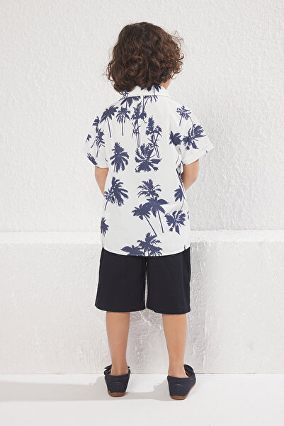 TRENDYOLKIDS Navy Blue Male Child Cotton Printed Woven Shirt Shorts Bottom-Top Suit Tkdss25Au00054