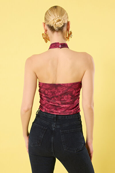 Trendyol Collection Fuchsia Halter Neck Draped Blouse - Tulle Knitted, Fitted, Twoss24Bz00062