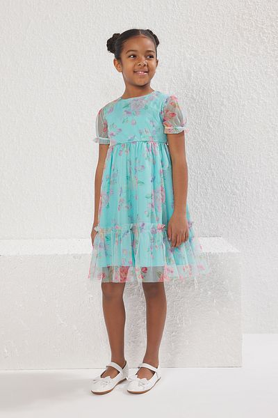 TRENDYOLKIDS Μέντα λουλουδάτο υφαντό φόρεμα με μπαλόνι TKDSS25EL00027