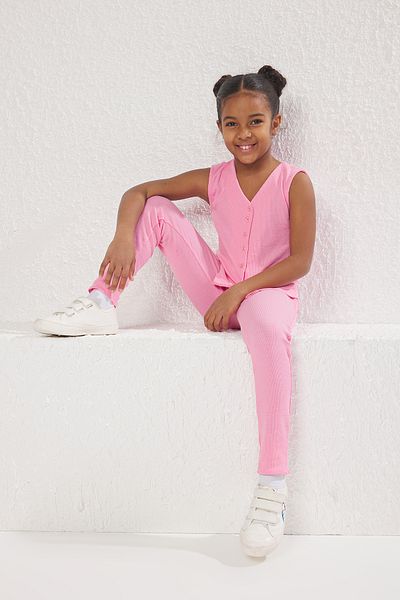 TRENDYOLKIDS Pink Plain Knitted Bottom-Top Suit Tkdss25Au00030