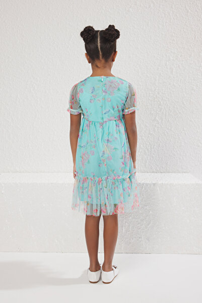 TRENDYOLKIDS Rochie țesătă cu mâneci cu balon floral mentă TKDSS25EL00027