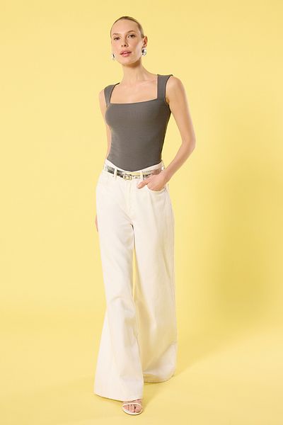 Trendyol Collection Μπλούζα με τετράγωνο γιακά ανθρακί - TWOSS25BZ00370