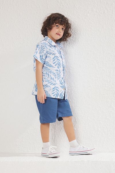 TRENDYOLKIDS الأزرق الذكور الطفل القطن الاستوائية المطبوعة المنسوجة قميص السراويل أسفل أعلى دعوى TKDSS25AU00035