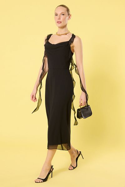 Trendyol Collection Μαύρο μονόχρωμο μίντι υφαντό φόρεμα σε γραμμή Α TWOSS25EL00277