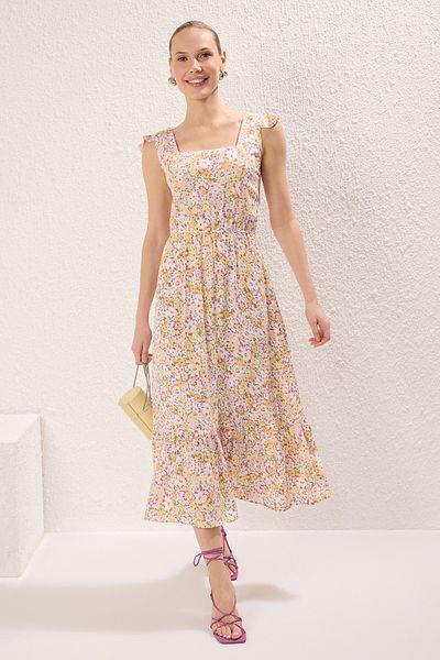 Trendyol Collection Κίτρινο φλοράλ βολάν Midi υφαντό φόρεμα TWOSS20EL3331