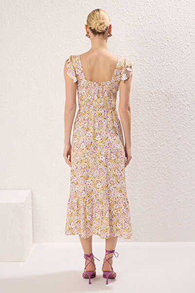 Trendyol Collection Sárga virágos fodros Midi szőtt ruha TWOSS20EL3331