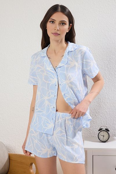 Trendyol Collection Set de pijamale țesute cu pantaloni scurți Shally cu flori albastre THMSS25PT00306