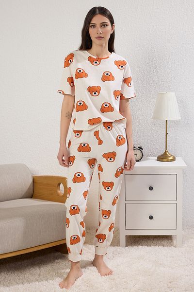 Trendyol Collection Ecru 100 % Baumwolle Animal Single Jersey gestricktes Pyjama-Set THMSS21PT0195