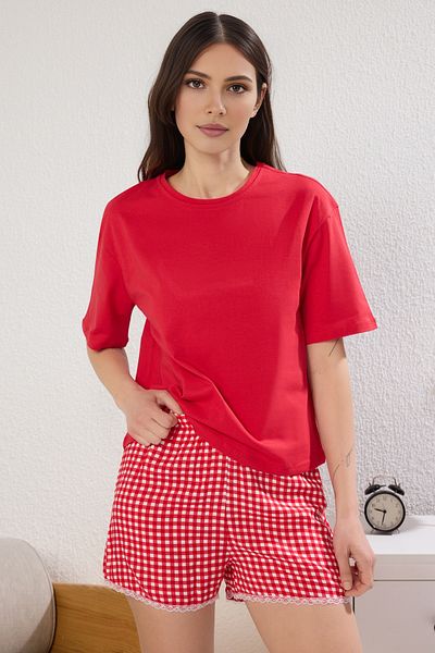 Trendyol Collection Rote karierte, detaillierte Single-Jersey-Nachtwäsche mit Spitzendetail – THMSS25PT00273