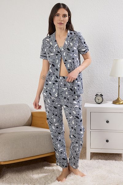 Trendyol Collection Námořnická modrá 100% bavlna s potištěným lemováním Jednoduchý pletený pyžamový set THMSS19IP0037