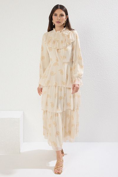 Trendyol Modest Tkané šaty se stříbřitým šifonem se vzorem Stone Shawl TCTSS25EB00039