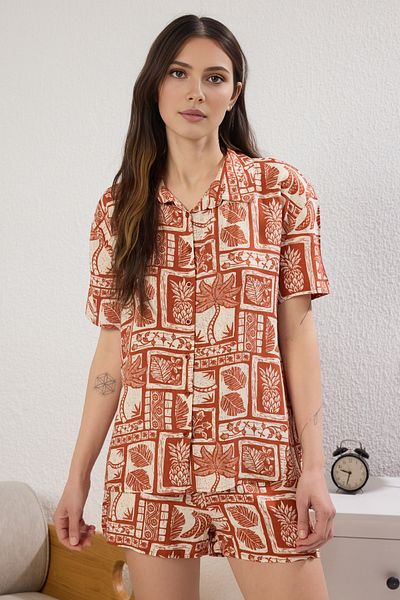 Trendyol Collection Cinnamon Ethnic Shally Woven Piżama Set z Krótkimi Spodenkami Thmss25Pt00266