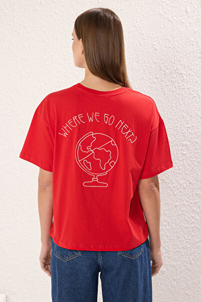 Trendyol Collection Red Crew Neck Back Embroidery Relaxed Fit Knitted T-Shirt - 100% Cotton Twoss20Ts0121