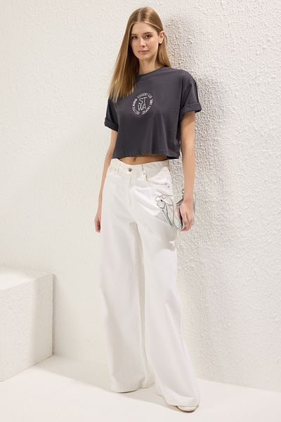 Trendyol Collection Anthracite Embroidery Crop Crew Neck T-Shirt - 100% Cotton Twoss23Ts00229