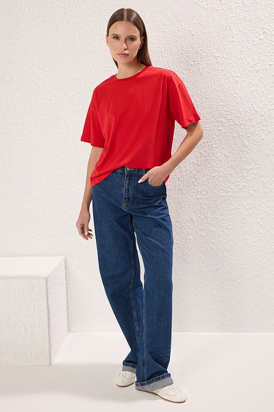 Trendyol Collection Red Crew Neck Back Embroidery Relaxed Fit Knitted T-Shirt - 100% Cotton Twoss20Ts0121