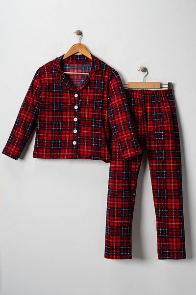 TİNY GOLDEN Unisex Children's Cotton Fabric Red Plaid Patterned Shirt Collar Buttoned Long Sleeve Pajama Set