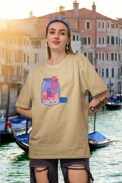 oneagılyazı Anti Deprasan Printed Women's Oversize T-Shirt