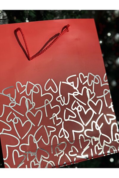 QUEEN AKSESUAR lüks büyük parlak yanar döner varaklı hediye paketi kalp süslü desenli ip askılı karton çanta poşet