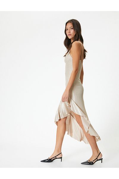 Koton Strappy Μακρύ βραδινό φόρεμα Γυαλιστερό βολάν ασύμμετρο κόψιμο