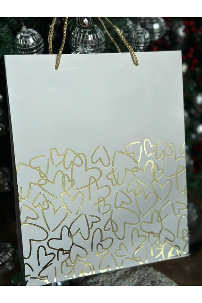 QUEEN AKSESUAR lüks büyük parlak yanar döner varaklı hediye paketi kalp süslü desenli ip askılı karton çanta poşet