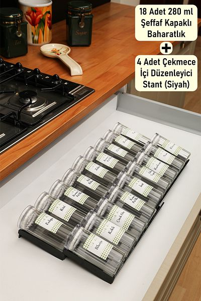 color house 18 Pcs 280ml Clear Lids Jar Glass Spice Rack & 4 Pcs Organizer Stops (Black)