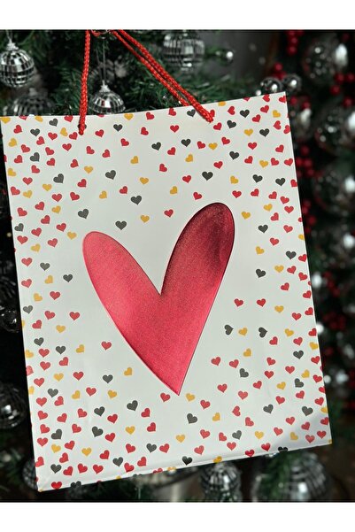 QUEEN AKSESUAR lüks büyük parlak varaklı hediye paketi kalp süslü desenli ip askılı karton çanta poşet beyaz