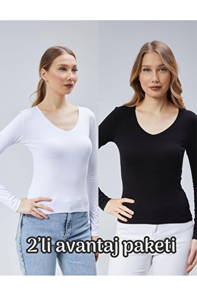 Virago بلوزة/جسم من القطن الناعم بأكمام طويلة ورقبة على شكل حرف V باللونين ال...