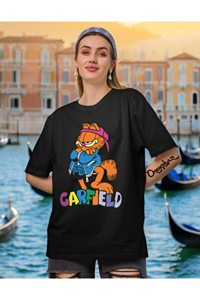 oneagılyazı تي شيرت نسائي كبير الحجم مطبوع عليه غارفيلد