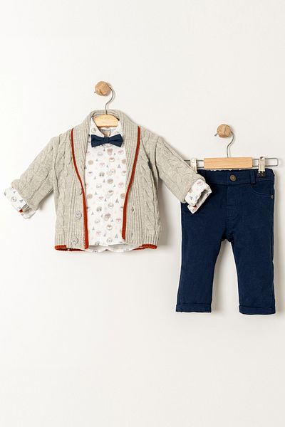 Bebüş Knitted Gray Cardigan Bow Tie Animal Print Shirt Navy Pants 3 Piece Baby Boy Suit 15024