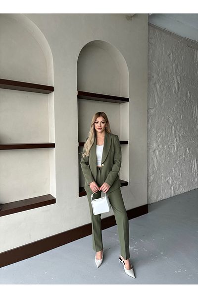 HOEK Women's Khaki Gold Detail Blazer Jacket Pants Suit