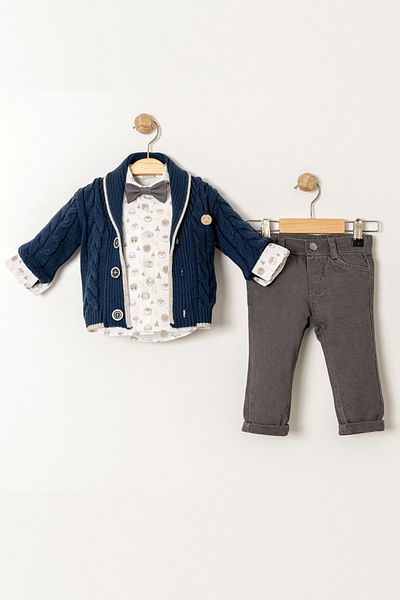 Bebüş Knitted Navy Blue Cardigan Bow Tie Animal Print Shirt Smoked Pants 3 Piece Baby Boy Suit 15024