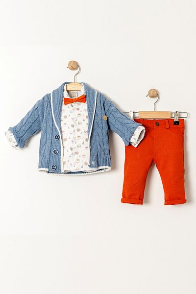 Bebüş Knit Blue Cardigan Bow Tie Animal Print Shirt Red Pants 3 Piece Baby Boy Suit 15024