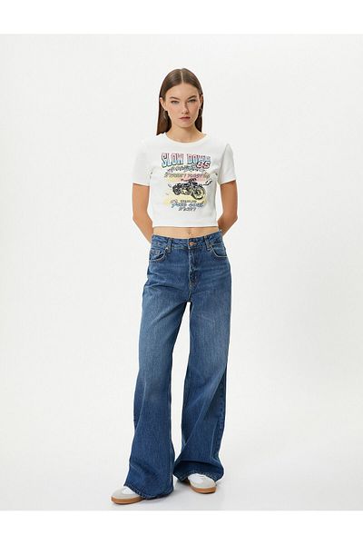 Koton Printed Crop T-Shirt Short Sleeve Crew Neck Cotton